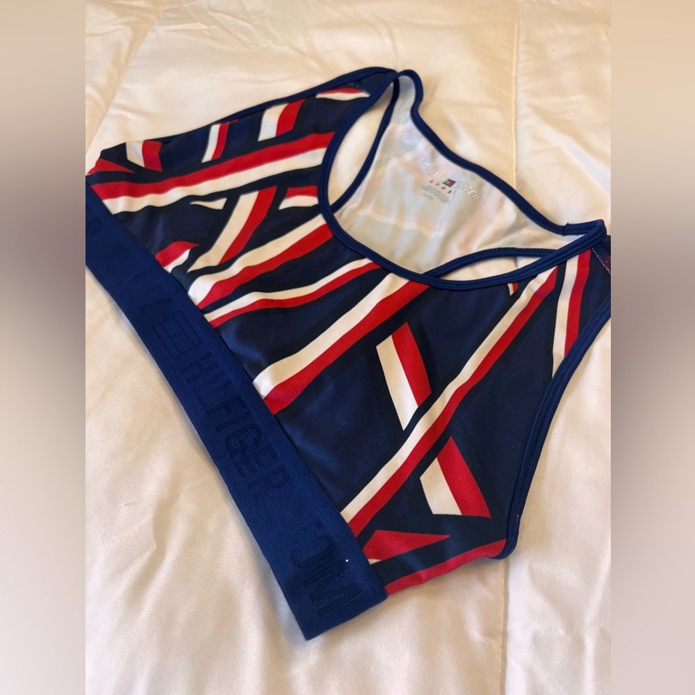 (L) Tommy Hilfiger red white and blue mesh racerback sports bra